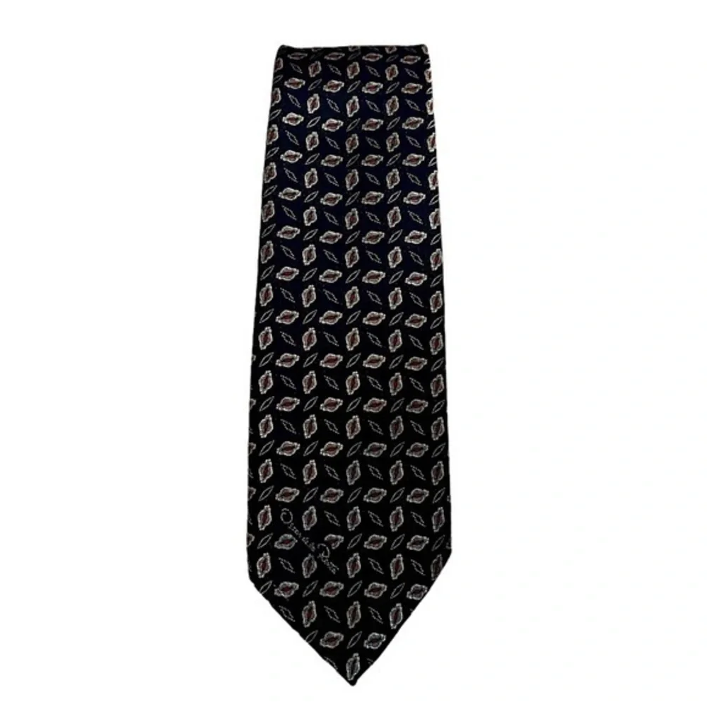 Oscar de la Renta vintage dark navy blue silver & red print with signature tie